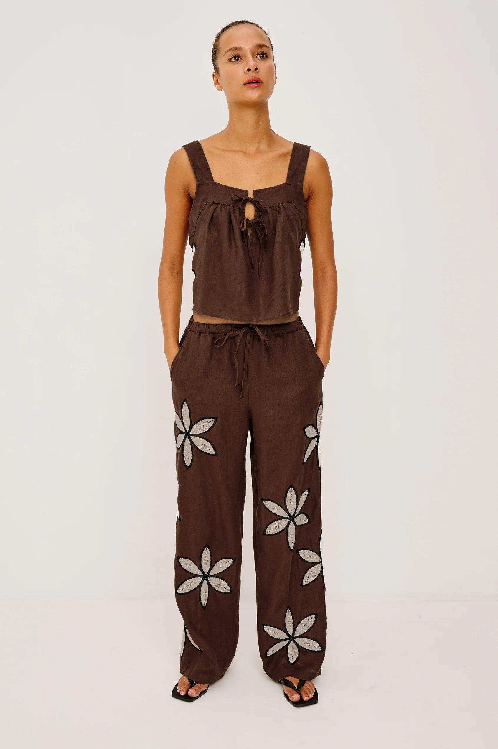 EMMIE PANT - COCOA FLORAL EMBROIDERY