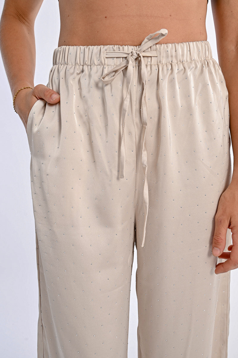 SATIN RHINESTONE PANTS