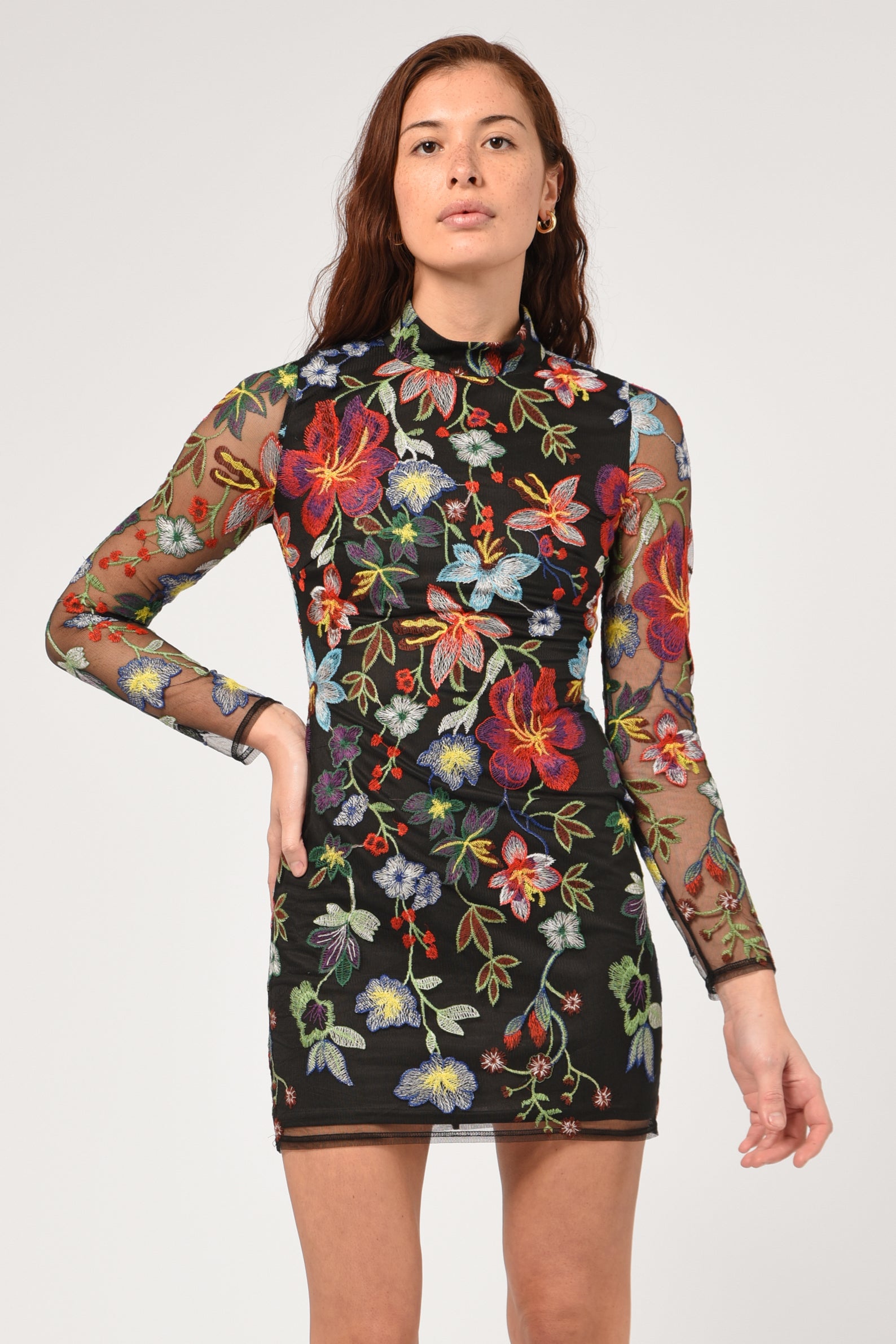 KIMMY EMBROIDERED MOCK NECK MINI DRESS