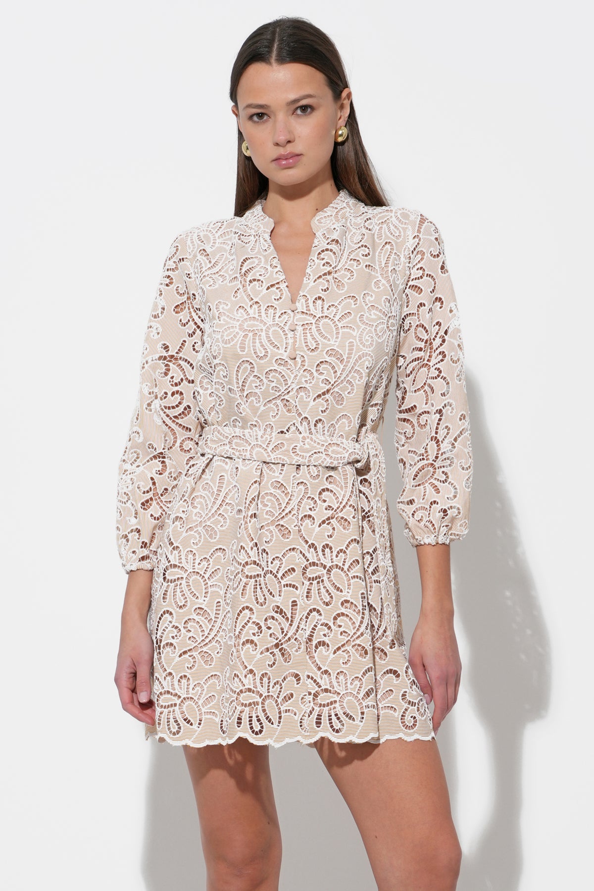 LINA EMBROIDERED EYELET BELTED DRESS