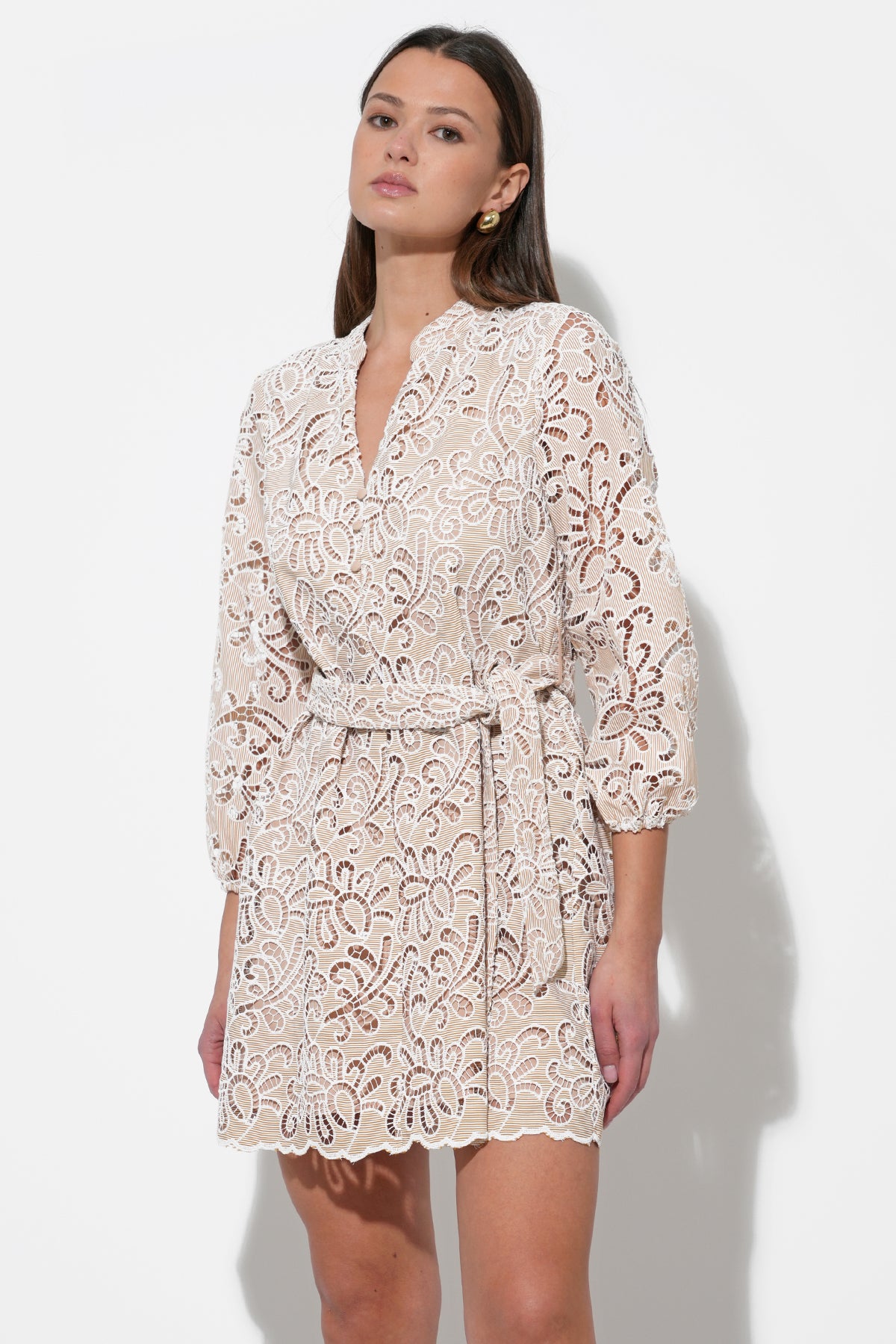 LINA EMBROIDERED EYELET BELTED DRESS