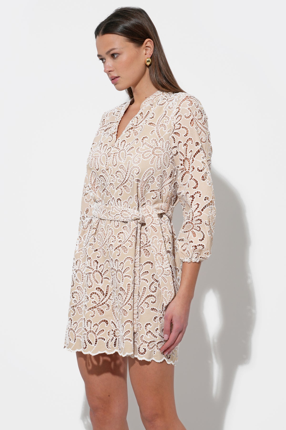 LINA EMBROIDERED EYELET BELTED DRESS