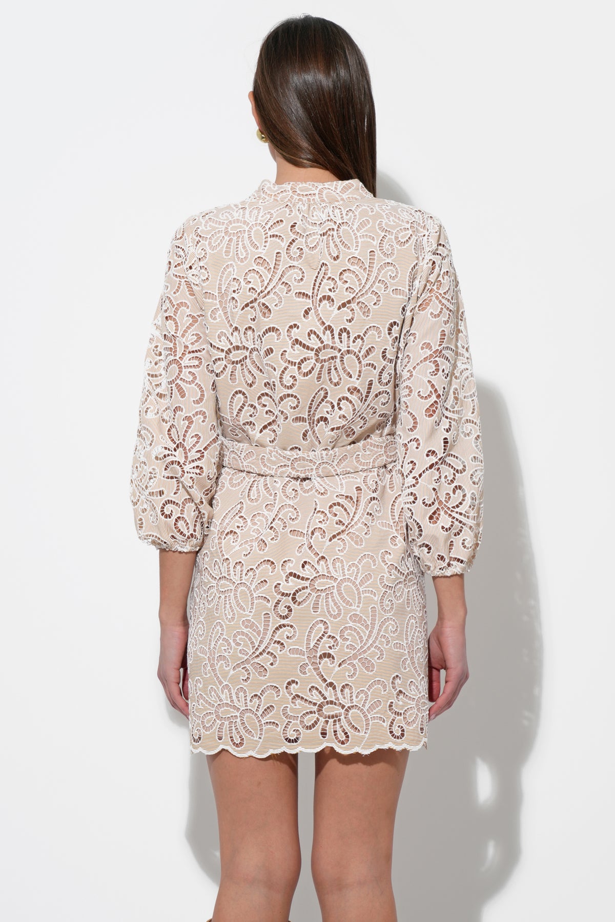 LINA EMBROIDERED EYELET BELTED DRESS