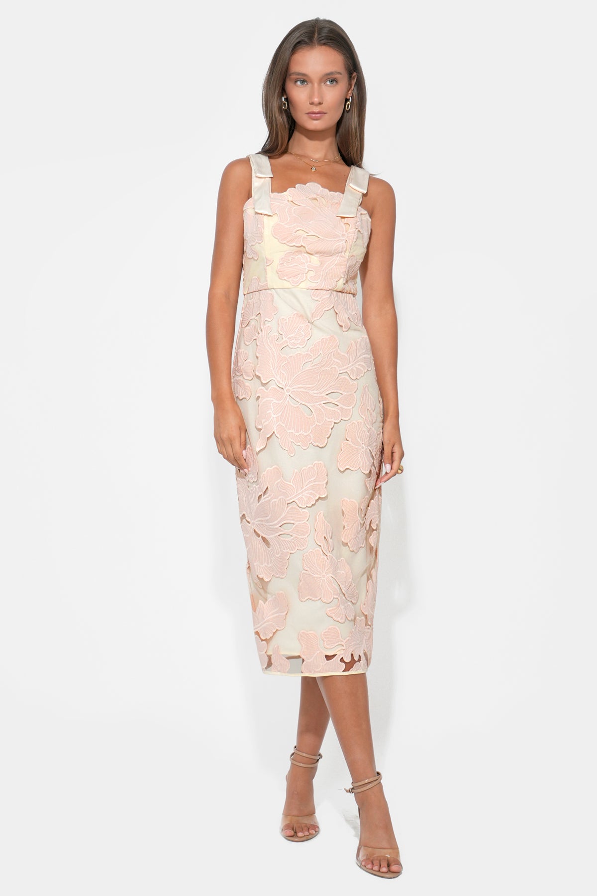 GABRIELLA BOW STRAP EMBROIDERED MIDI DRESS