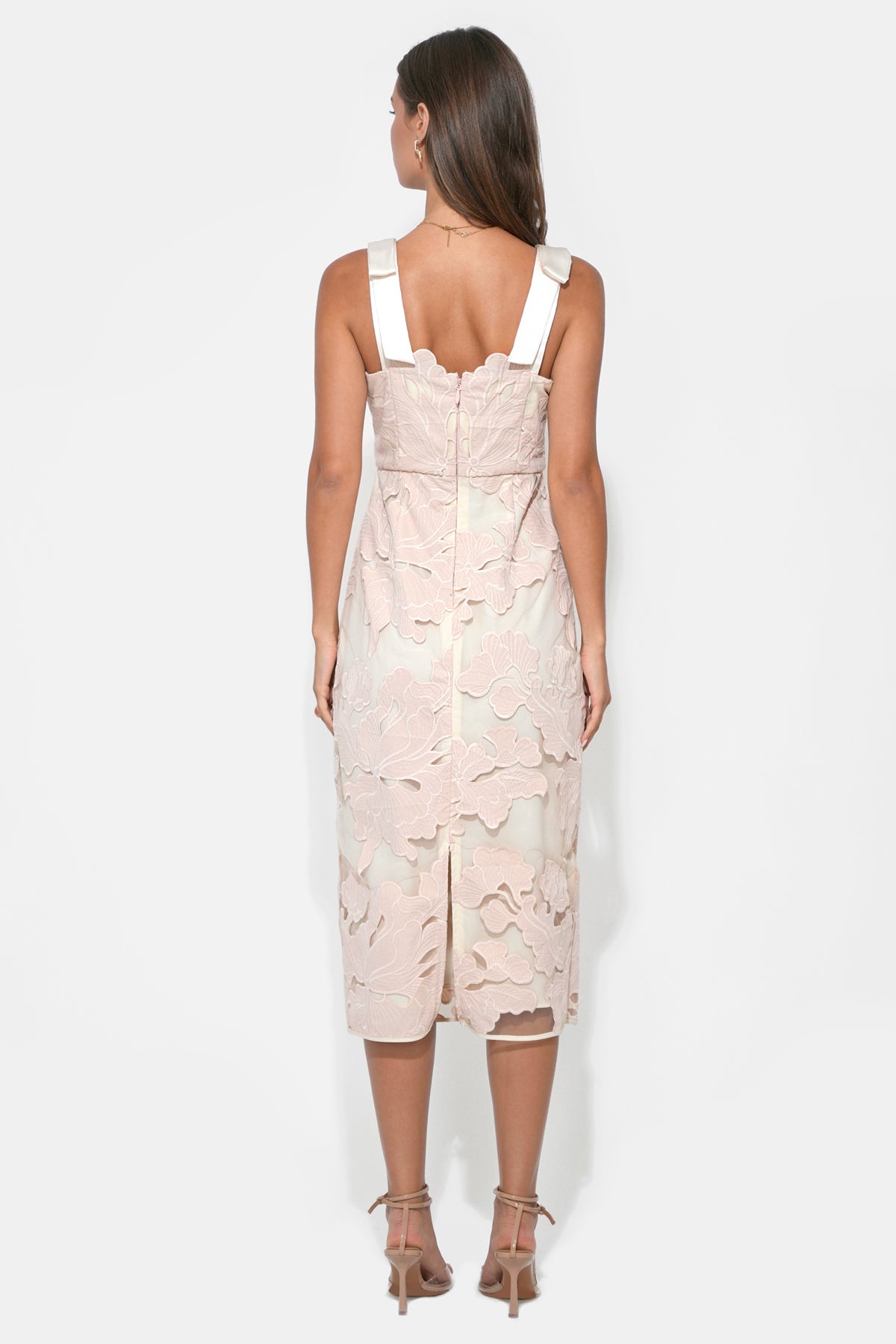 GABRIELLA BOW STRAP EMBROIDERED MIDI DRESS