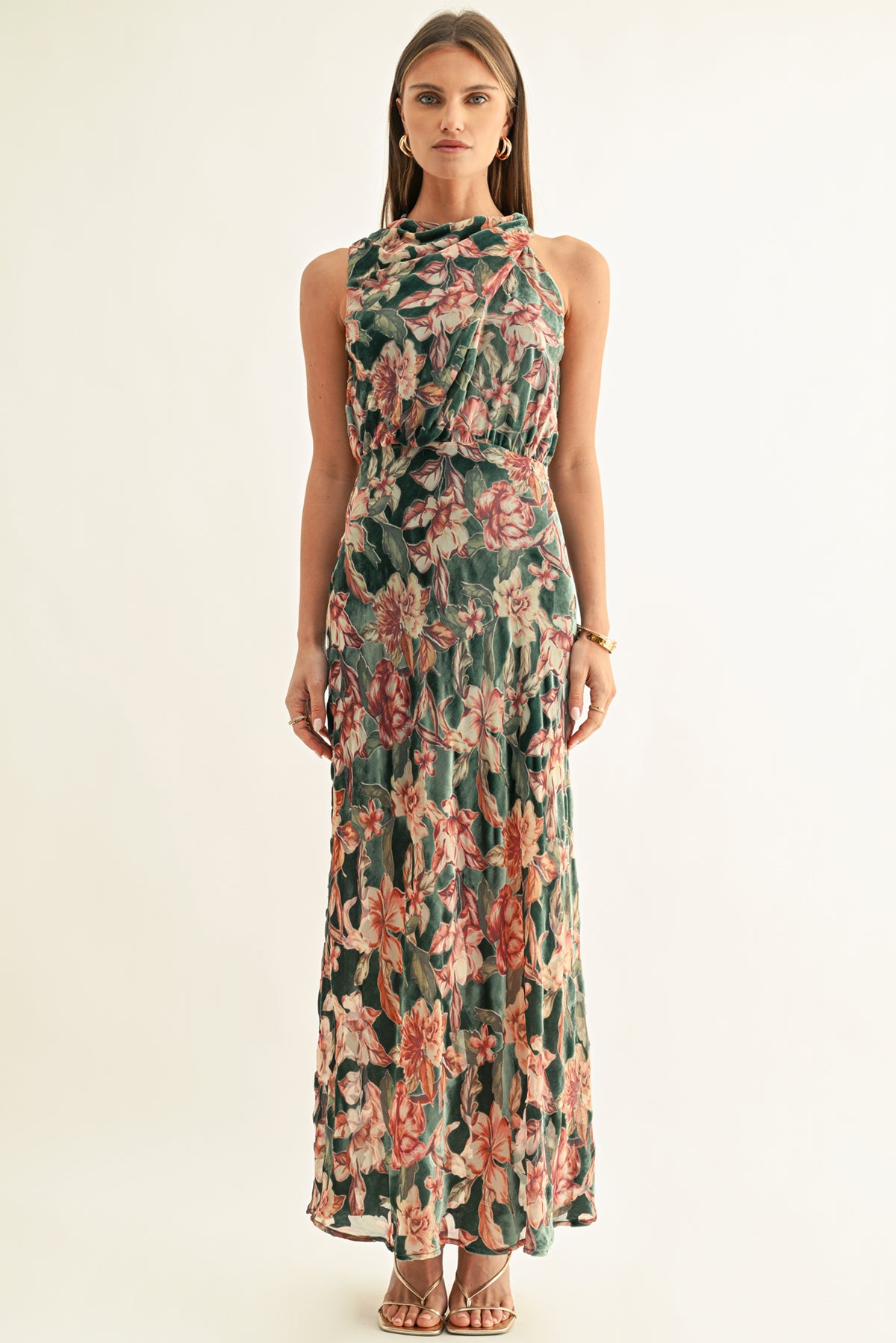 VEDA BURNOUT VELVET DRAPED MAXI DRESS
