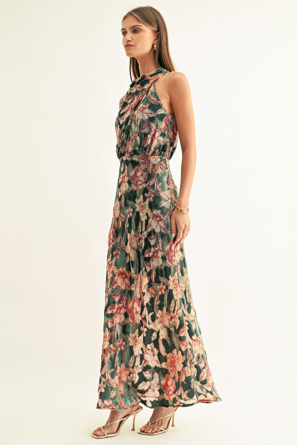 VEDA BURNOUT VELVET DRAPED MAXI DRESS