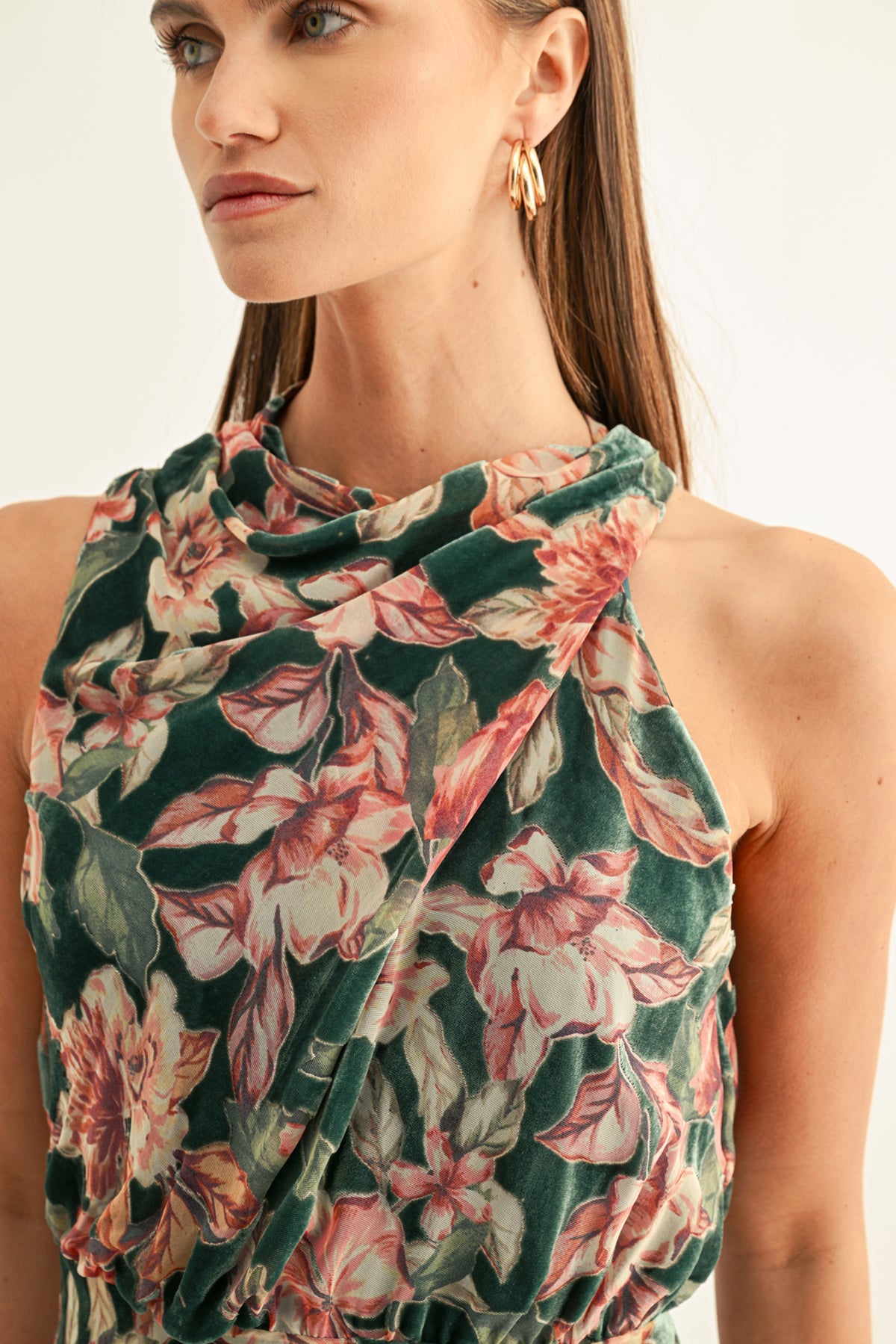 VEDA BURNOUT VELVET DRAPED MAXI DRESS