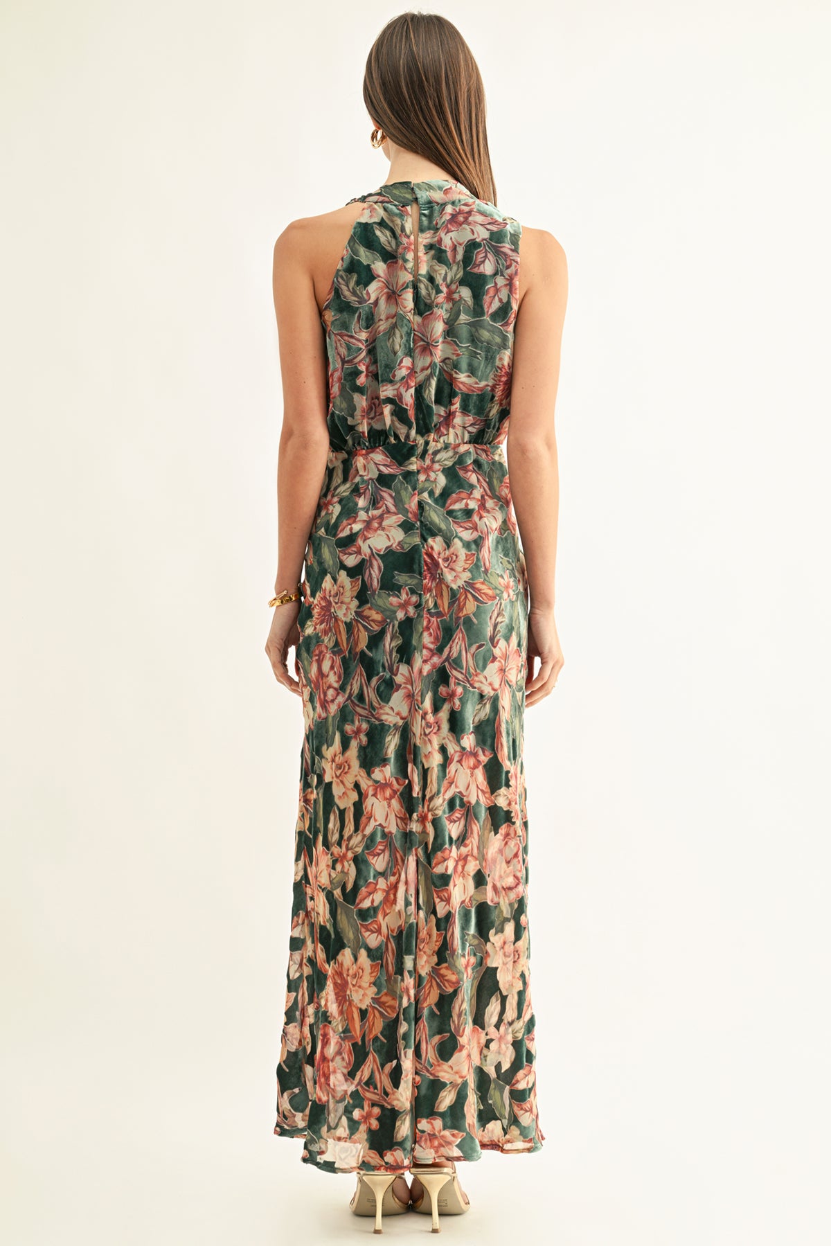 VEDA BURNOUT VELVET DRAPED MAXI DRESS