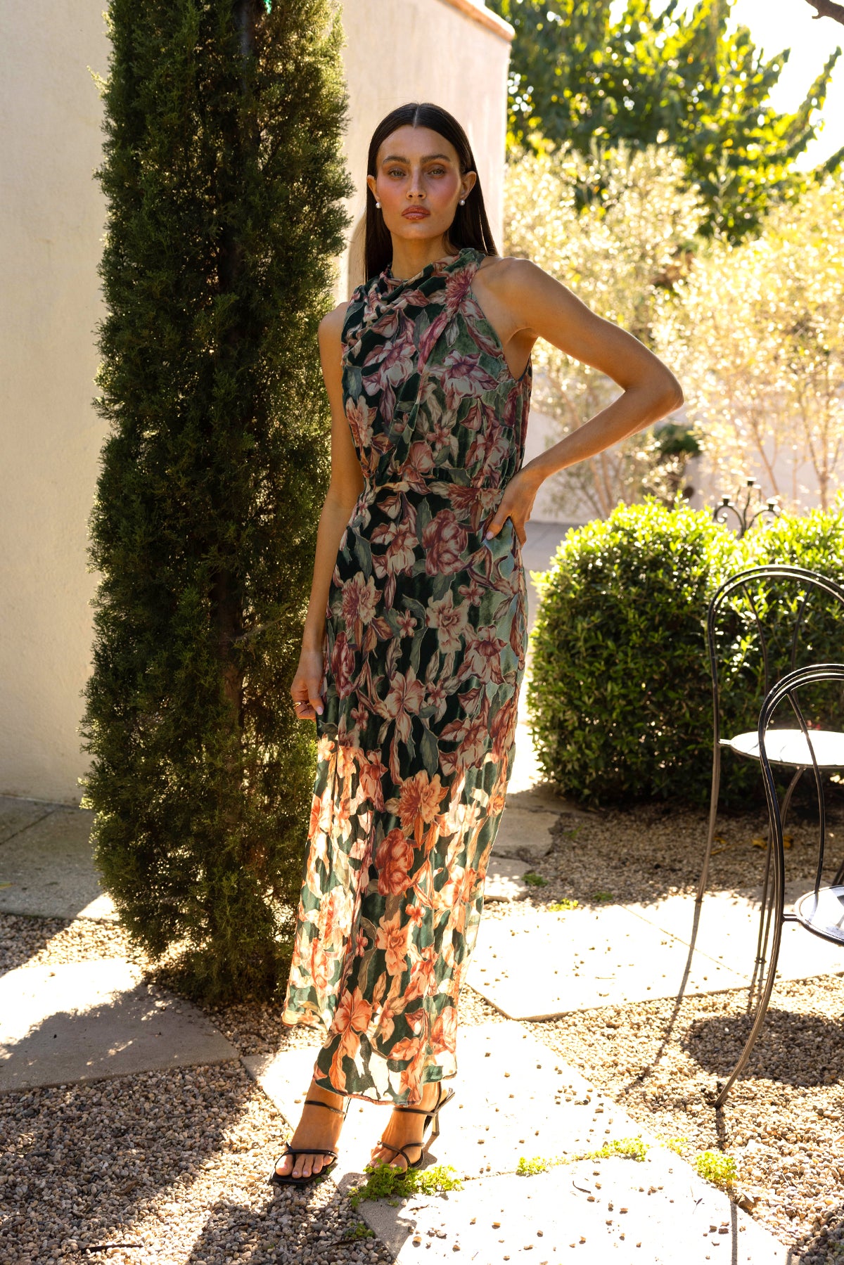 VEDA BURNOUT VELVET DRAPED MAXI DRESS