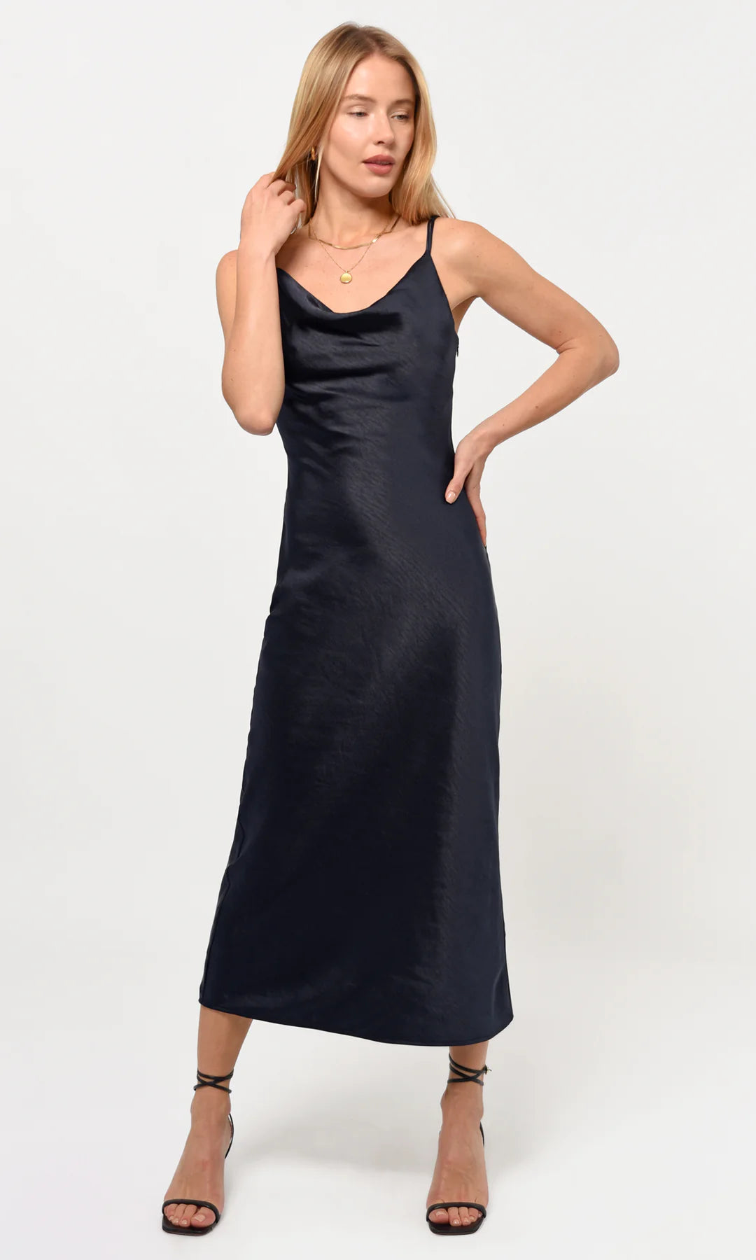 LINDA SATIN COWL NECK SLIP MAXI - NAVY