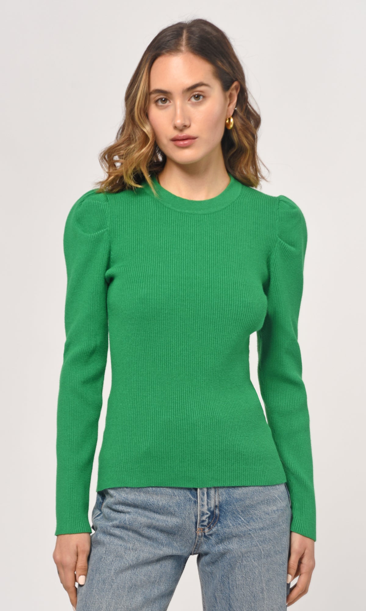 FELINA PUFF SLEEVE RIBBED KNIT TOP - GREEN