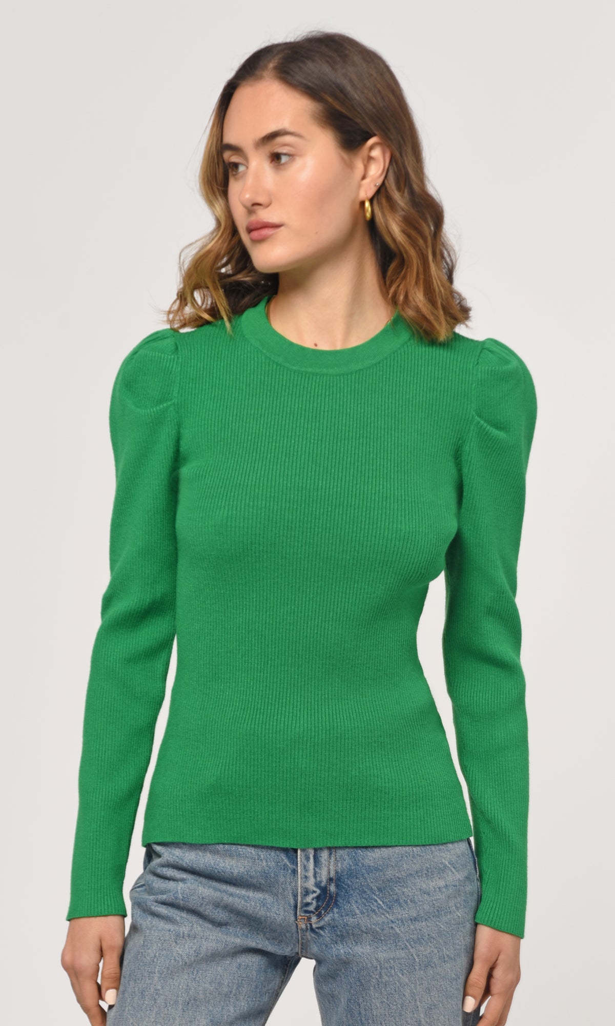 FELINA PUFF SLEEVE RIBBED KNIT TOP - GREEN