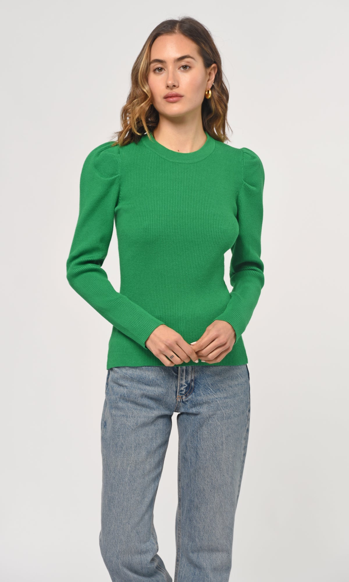 FELINA PUFF SLEEVE RIBBED KNIT TOP - GREEN
