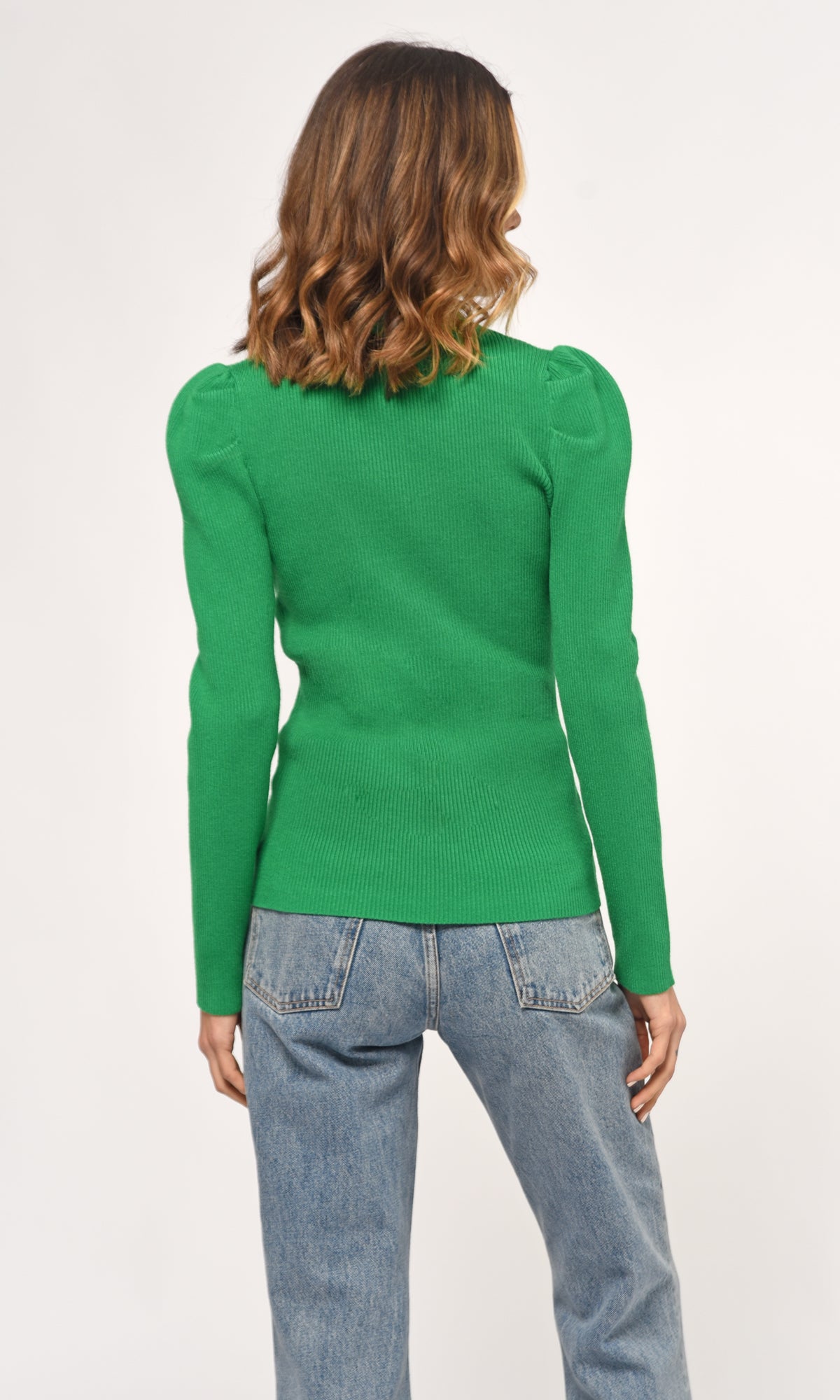 FELINA PUFF SLEEVE RIBBED KNIT TOP - GREEN