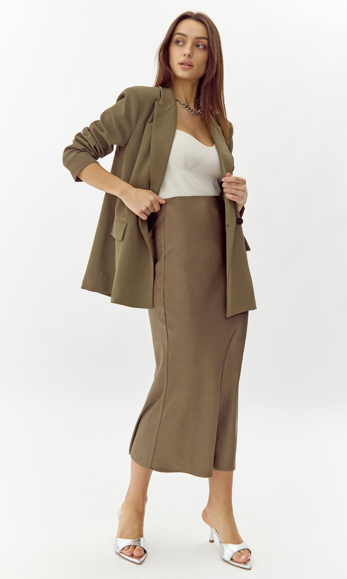 Beige blazer green skirt best sale