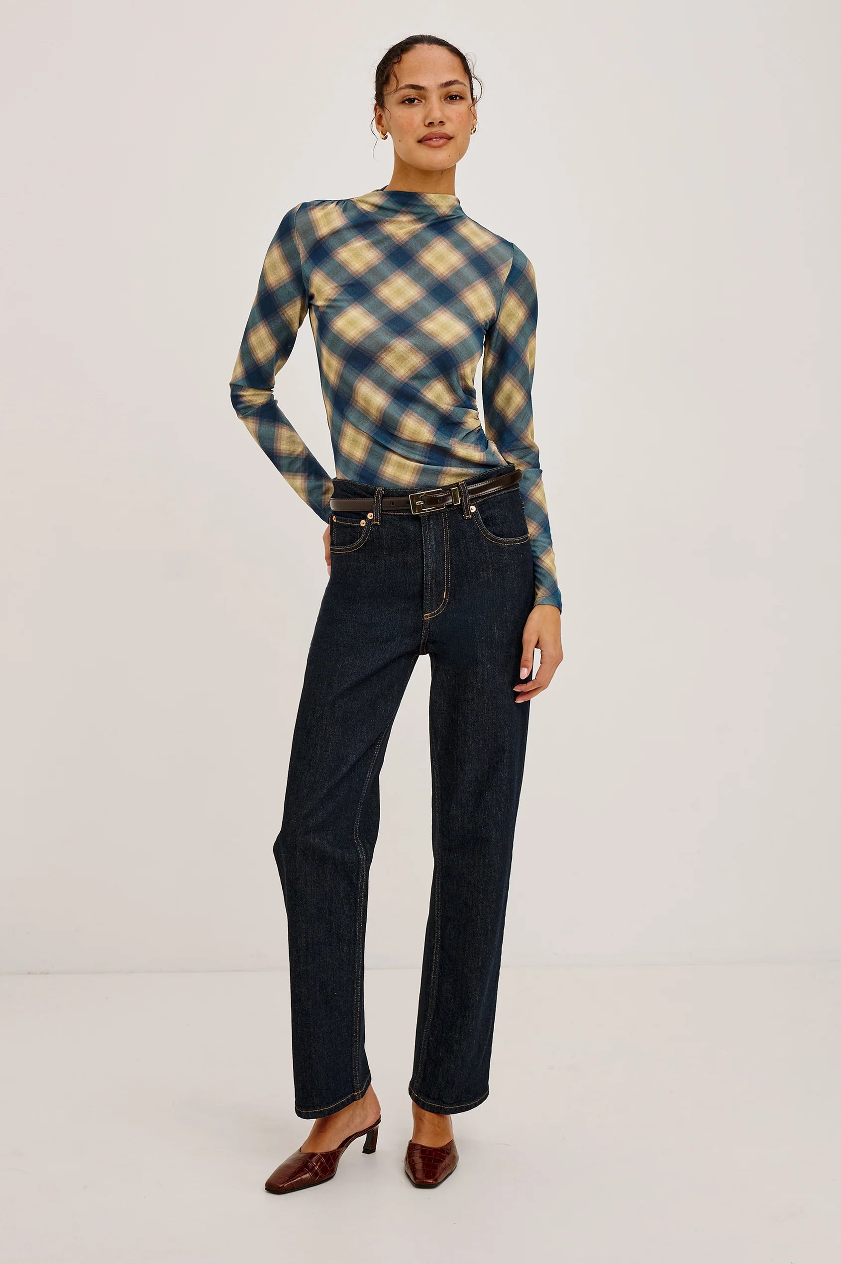 JOELLE TOP - NAVY SAGE PLAID