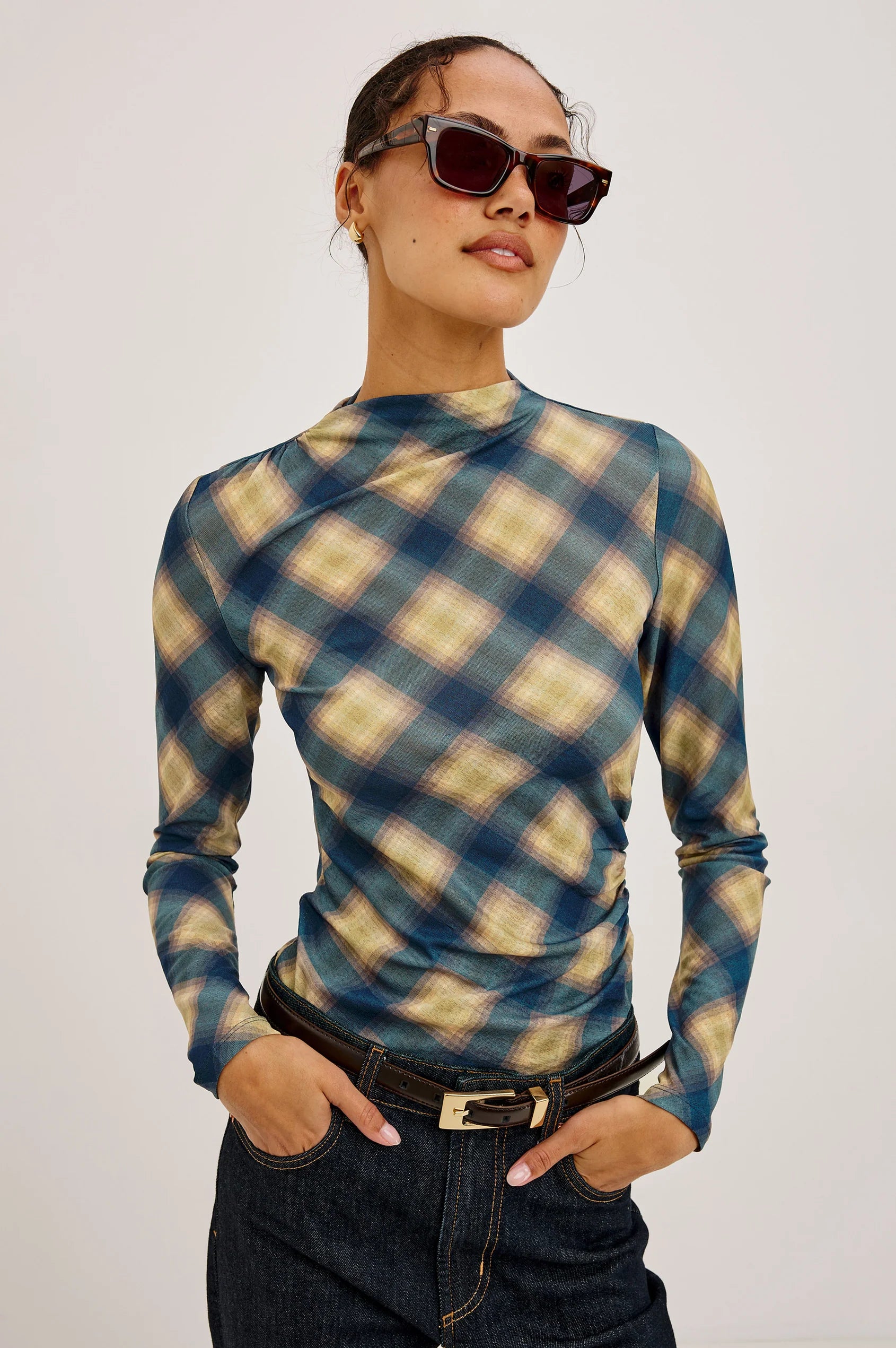 JOELLE TOP - NAVY SAGE PLAID