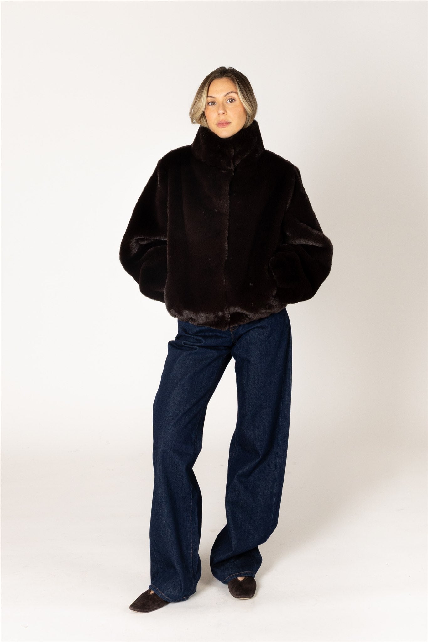 KENDRA FAUX FUR SHORT COAT - BROWN