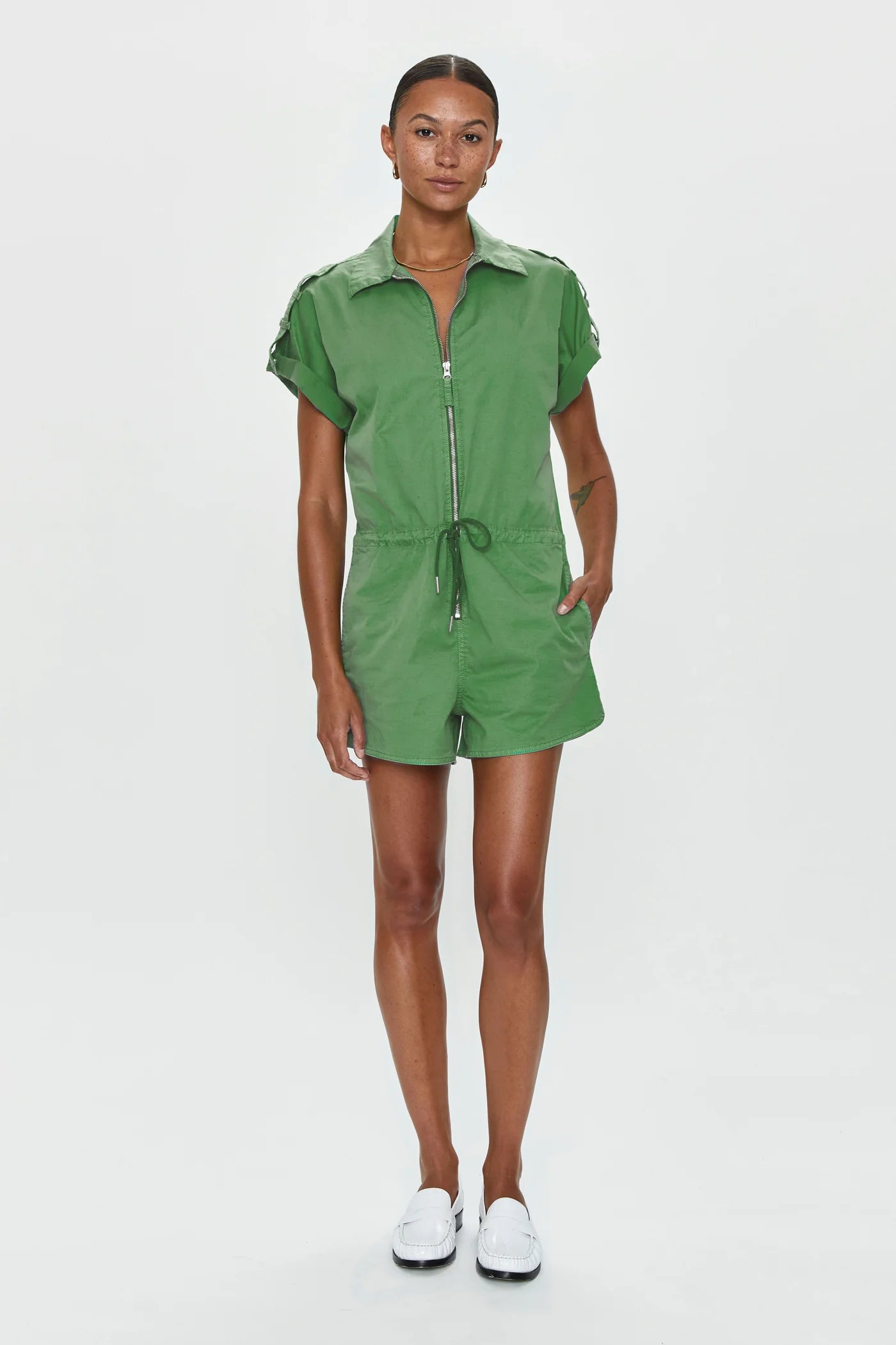 MEG ZIP FRONT ROMPER - AVOCADO