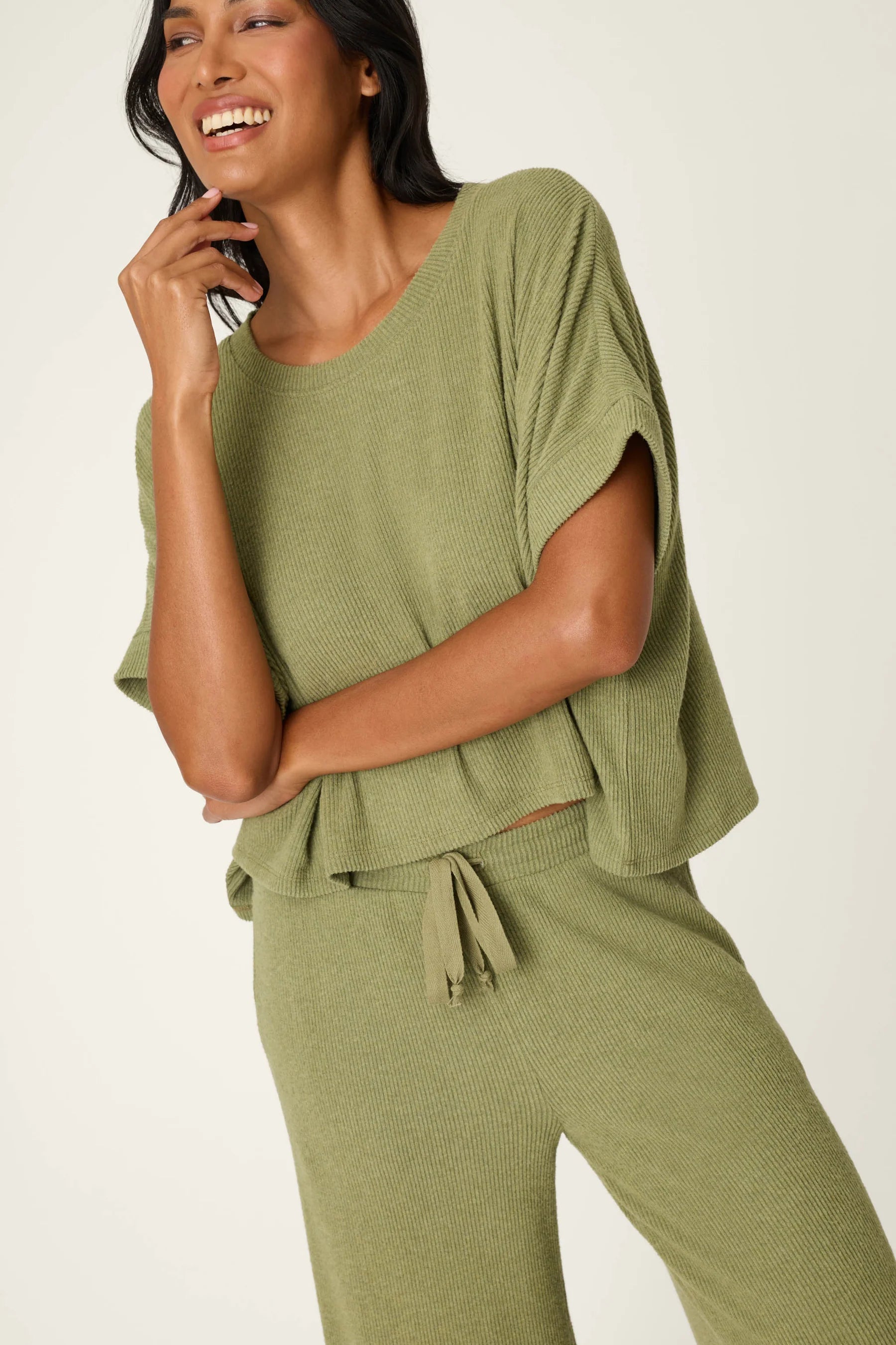 SOFT OLIVE RIB KNIT LOUNGE SET