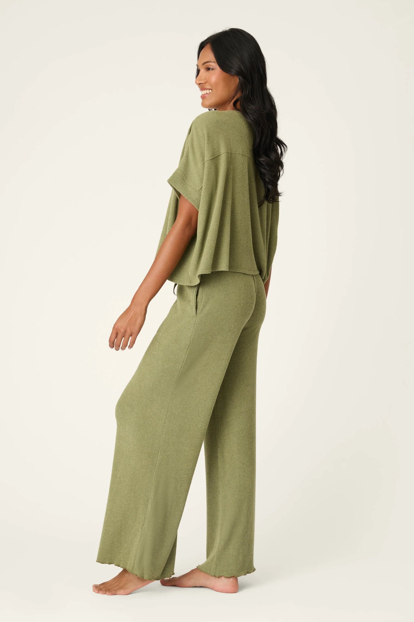 SOFT OLIVE RIB KNIT LOUNGE SET