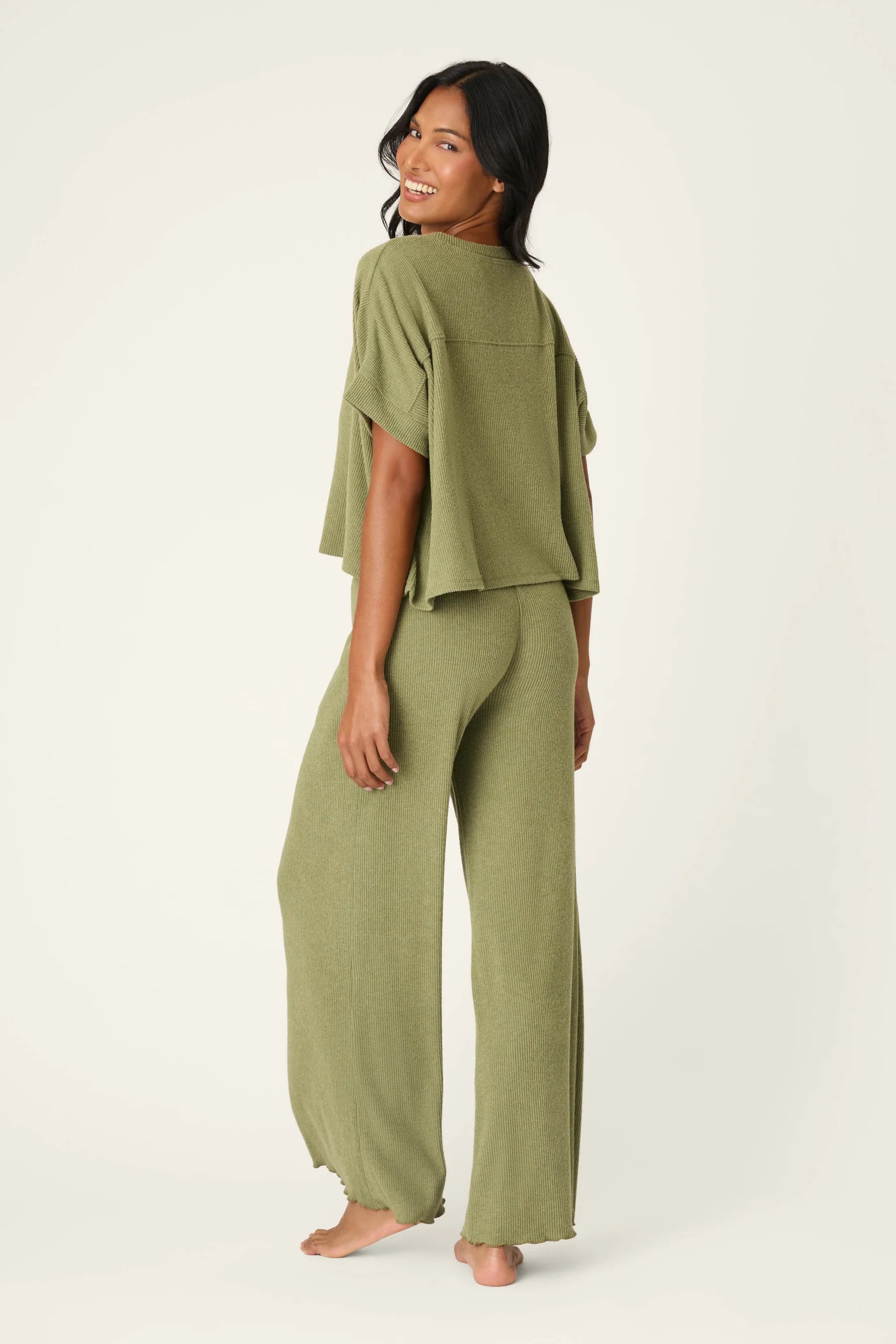 SOFT OLIVE RIB KNIT LOUNGE SET