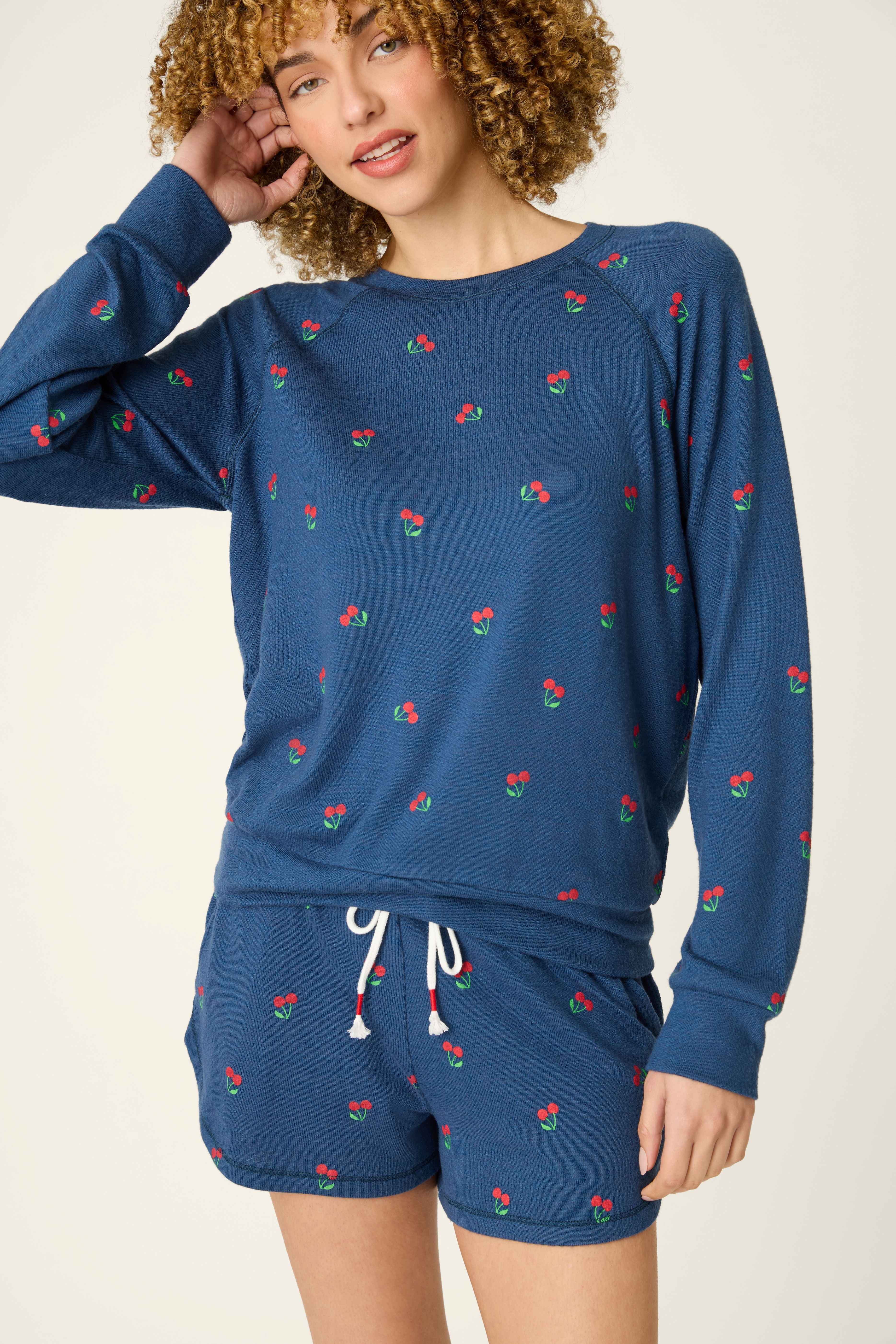 CHERRY PRINT LONG SLEEVE PJ TOP