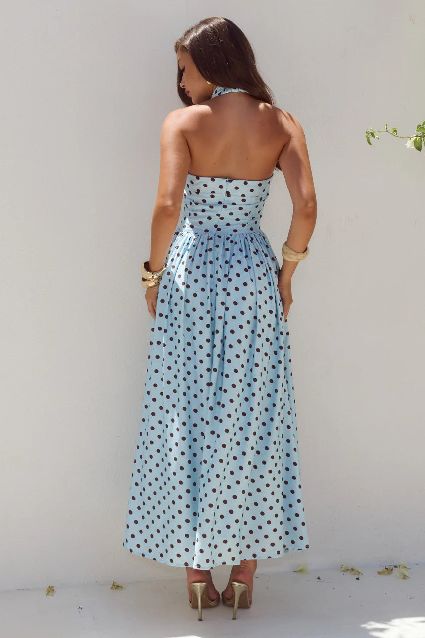 SAMMI HALTER MIDI DRESS - SKY BLUE/CHOC POLKA