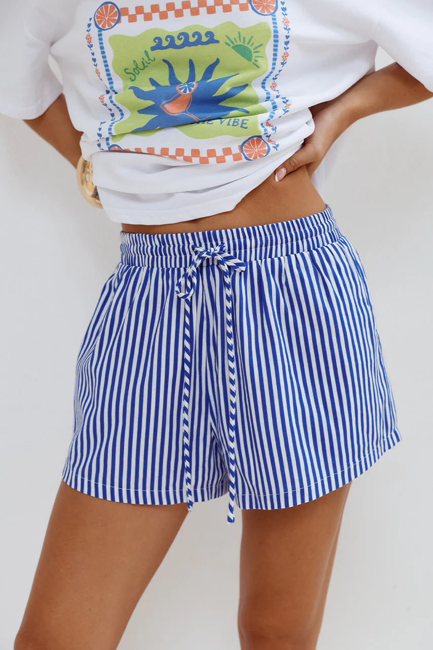 TILKA ELASTICATED TIE WAIST SHORTS - BLUE STRIPE