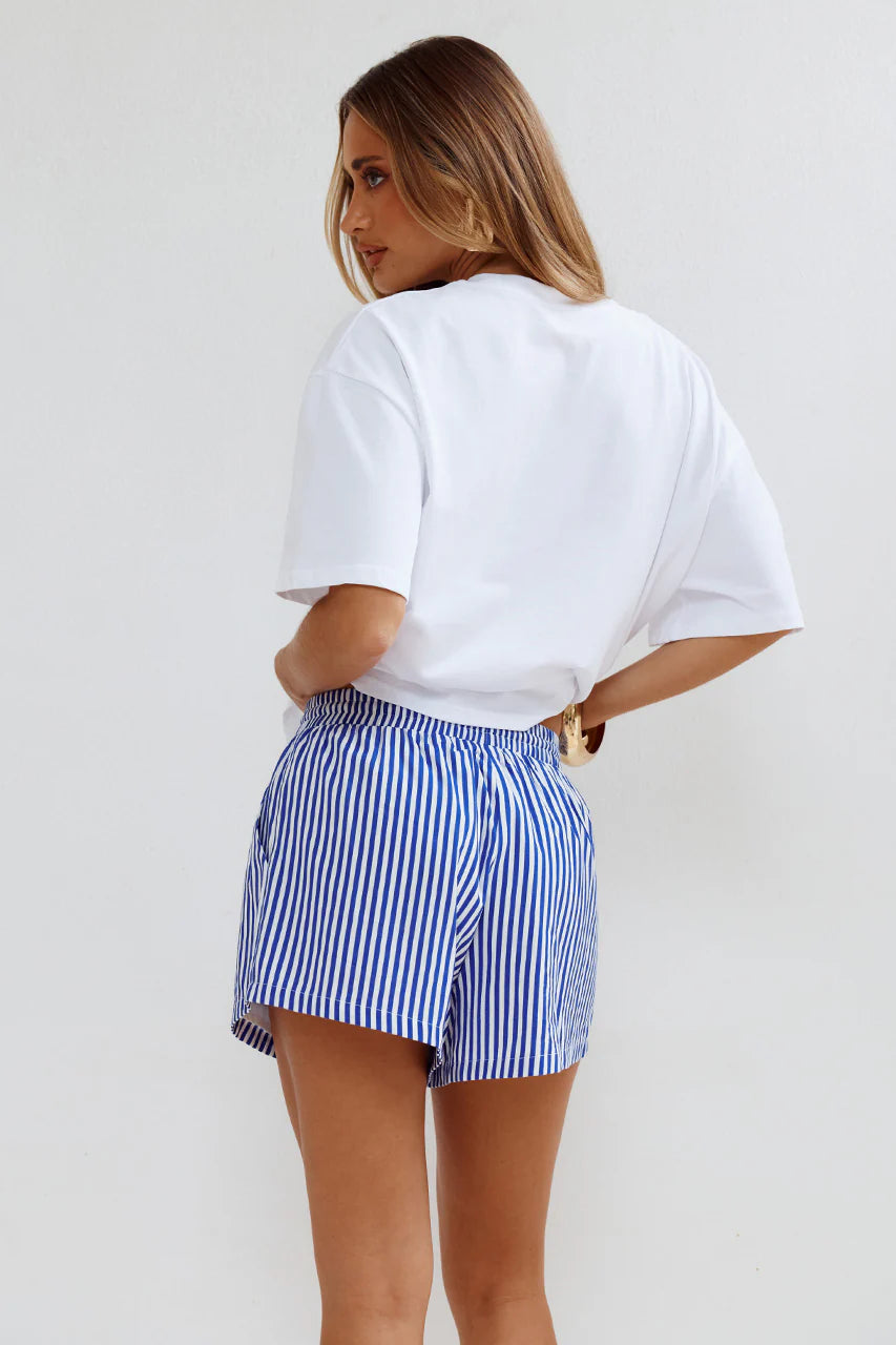 TILKA ELASTICATED TIE WAIST SHORTS - BLUE STRIPE