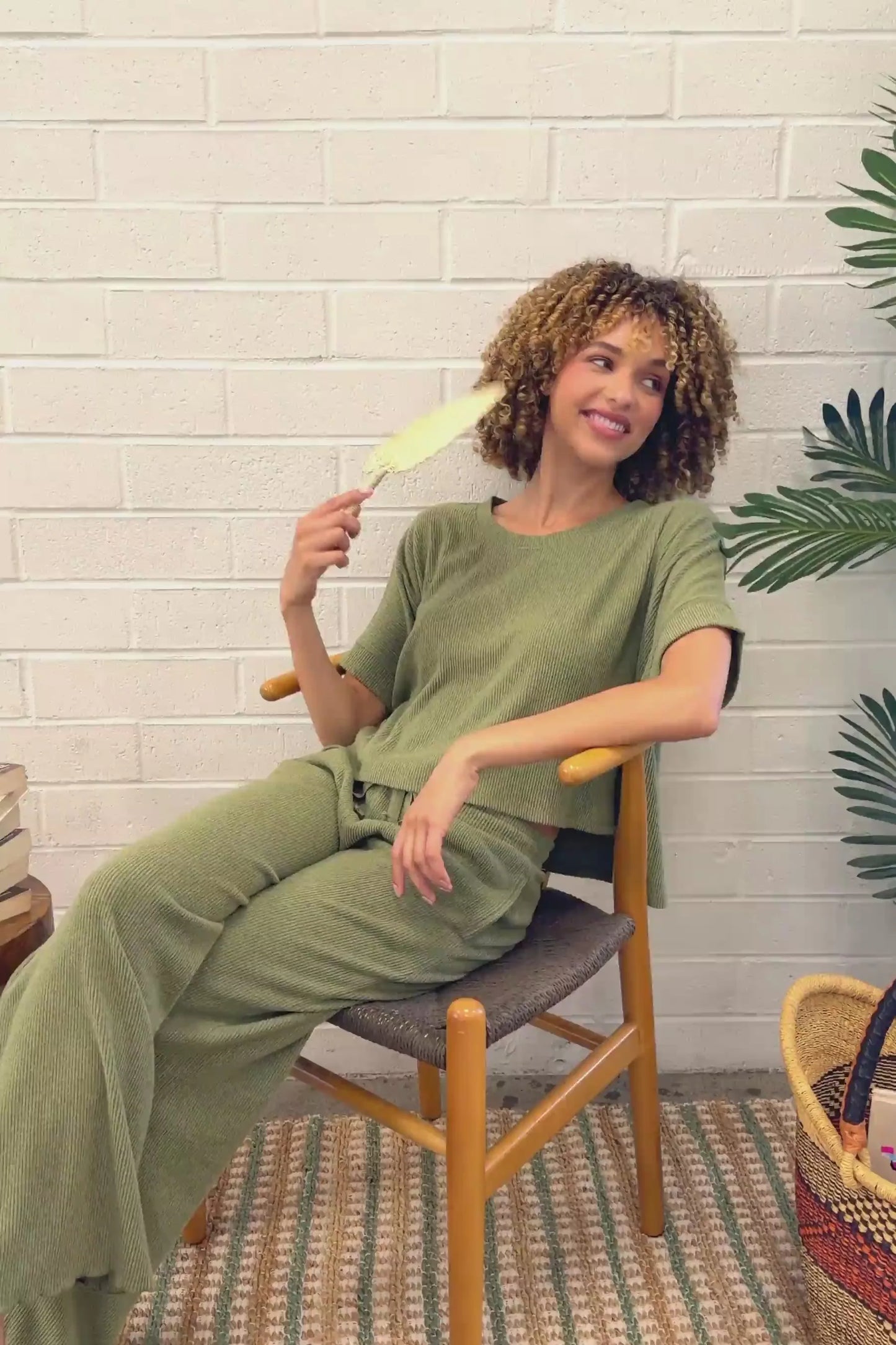 SOFT OLIVE RIB KNIT LOUNGE SET