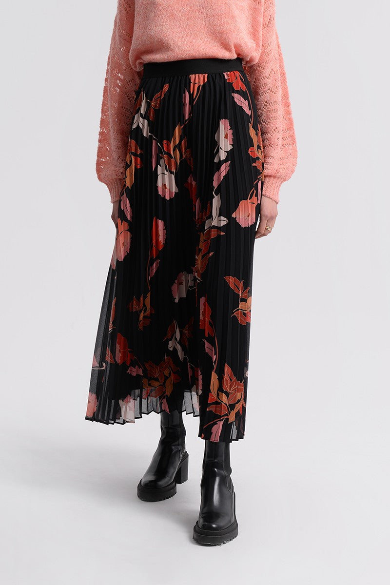 LONG PLEATED SKIRT - BLACK FLORAL