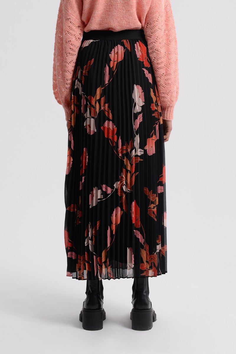 LONG PLEATED SKIRT - BLACK FLORAL