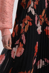 LONG PLEATED SKIRT - BLACK FLORAL