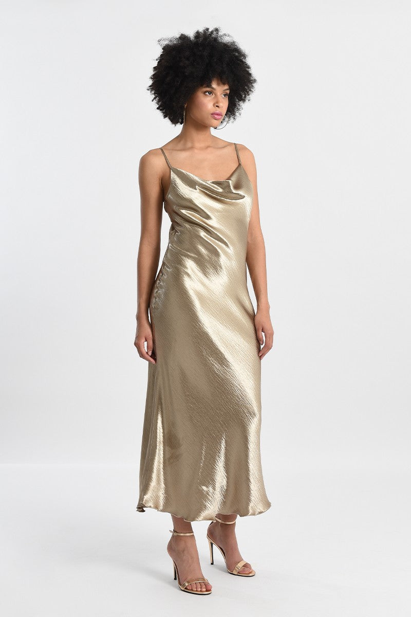 SATIN DRESS WITH COWL NECK - GOLD