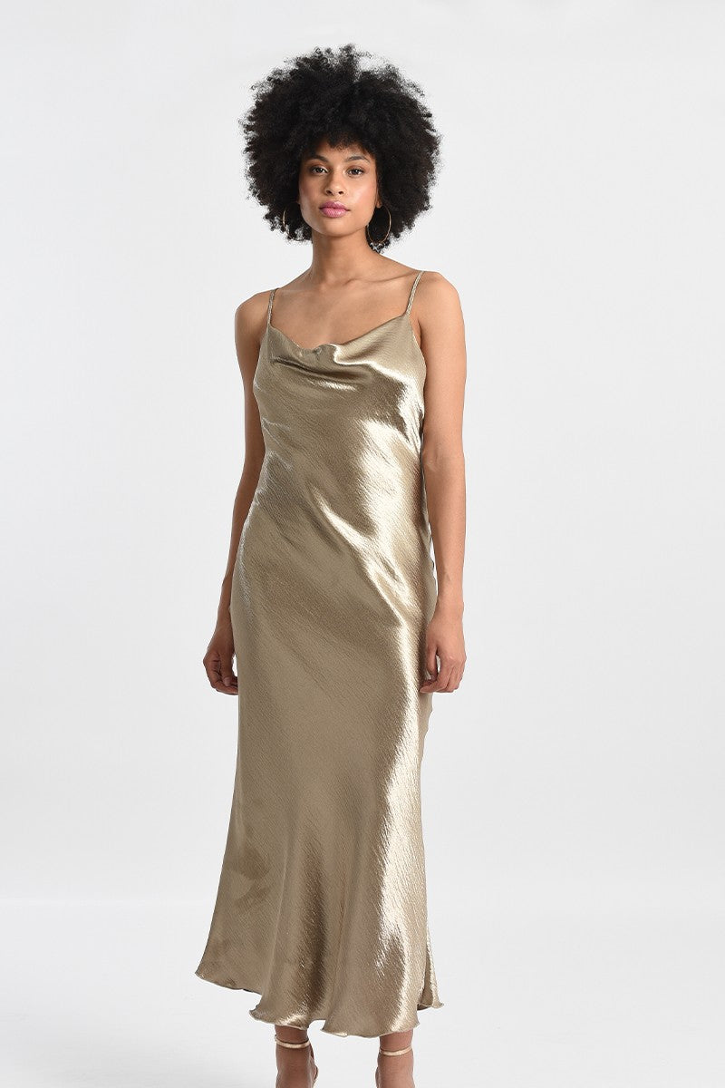 SATIN DRESS WITH COWL NECK - GOLD