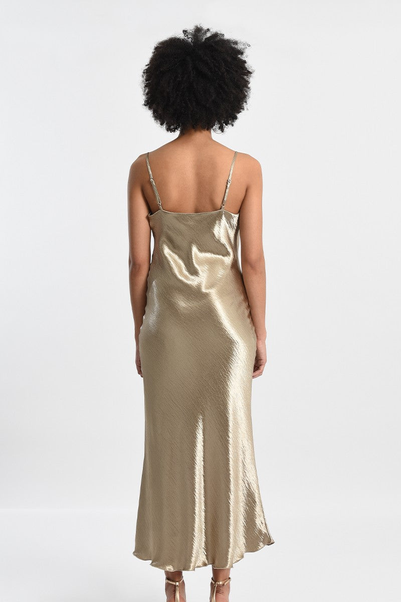 SATIN DRESS WITH COWL NECK - GOLD