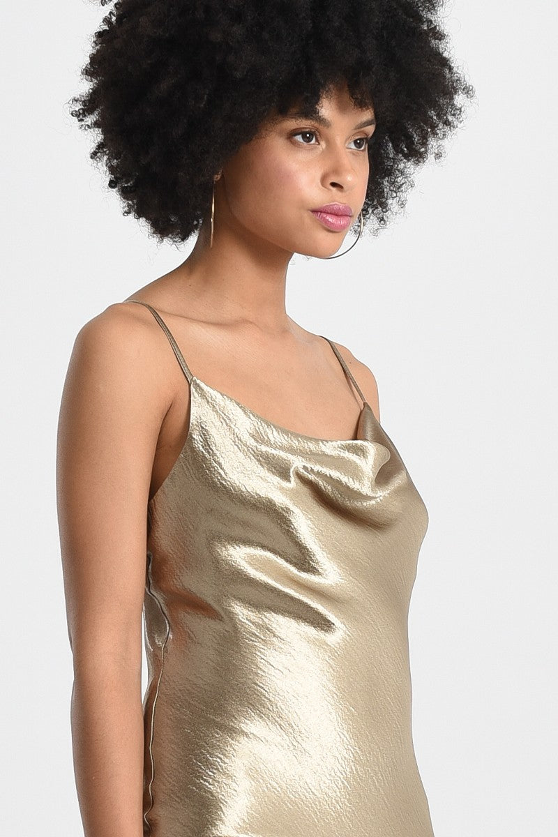 SATIN DRESS WITH COWL NECK - GOLD