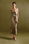 SATIN DRESS WITH COWL NECK - GOLD