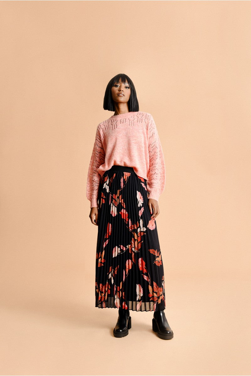 LONG PLEATED SKIRT - BLACK FLORAL
