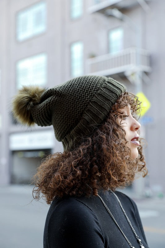 SHERPA LINED POM POM BEANIE - OLIVE