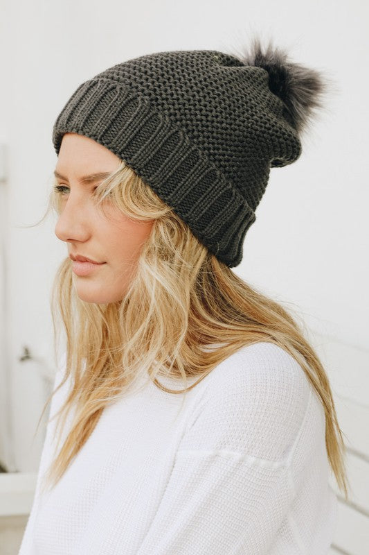 SHERPA LINED POM POM BEANIE - GREY