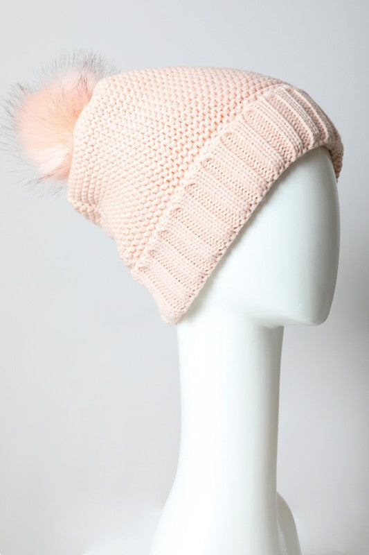 SHERPA LINED POM POM BEANIE - PINK