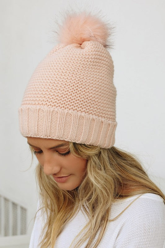 SHERPA LINED POM POM BEANIE - PINK