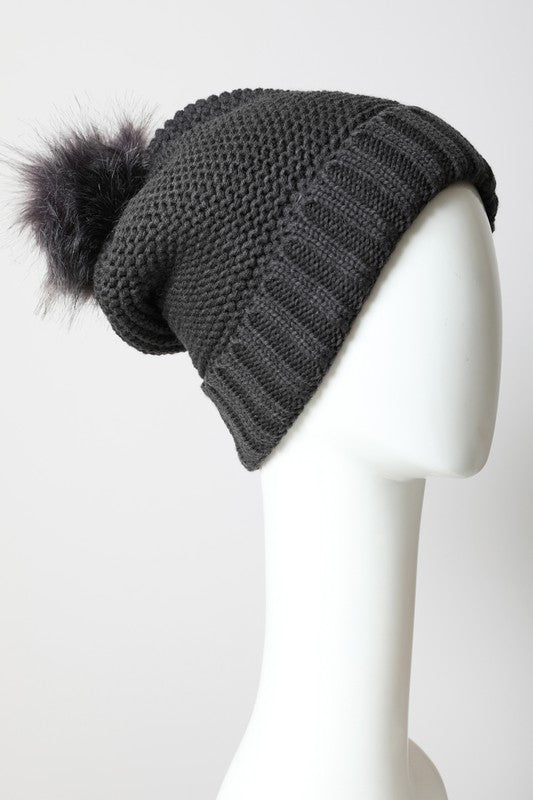 SHERPA LINED POM POM BEANIE - GREY