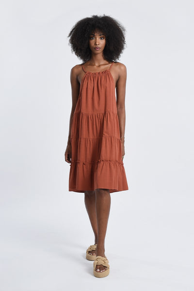 FLARE TIERED COTTON DRESS - CARAMEL