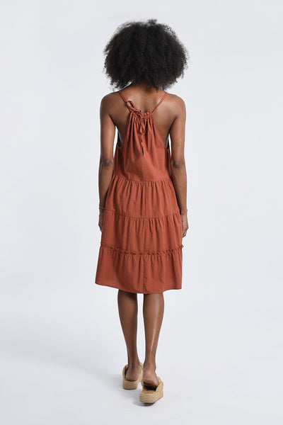 FLARE TIERED COTTON DRESS - CARAMEL