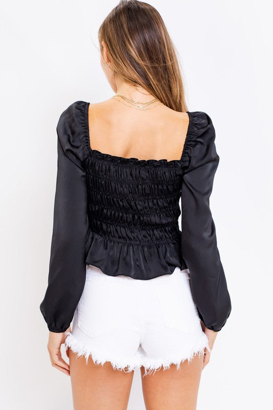 PUFF SLEEVE SQUARE NECK SHIRRING TOP - BLACK