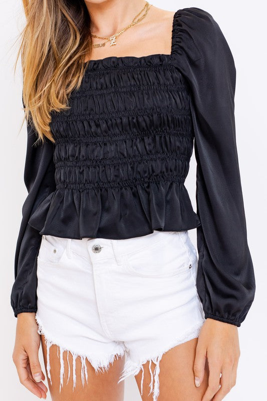 PUFF SLEEVE SQUARE NECK SHIRRING TOP - BLACK